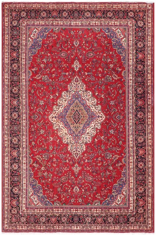 Vintage Antique Kashan Devyn Red Blue Hand Knotted Wool Rug- 10’5” x 13’7”