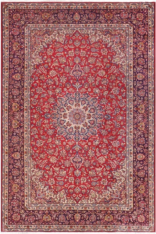 Vintage Antique Kashan Jaden Red Blue Hand Knotted Wool Rug- 9’6” x 14’0”