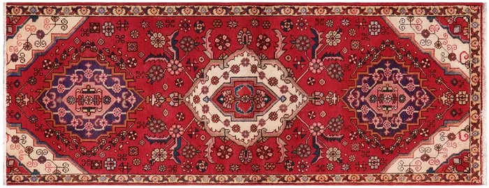 Vintage Antique Kashan Jamya Red Gold Hand Knotted Wool Runner- 2’11” x 7’7”