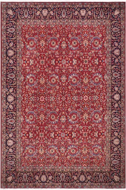 Vintage Antique Tabriz Dunn Red Blue Hand Knotted Wool Rug- 9’10” x 13’4”