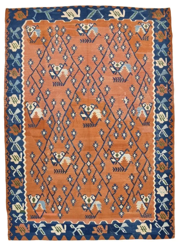 Vintage Turkish Anatolian Kilim,Orange,Blue 7’10” x 10’10” ft