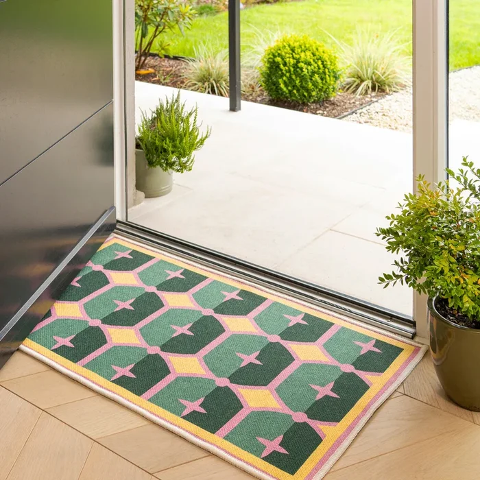 Washable Green Geometric Tile Doormat – Fusion