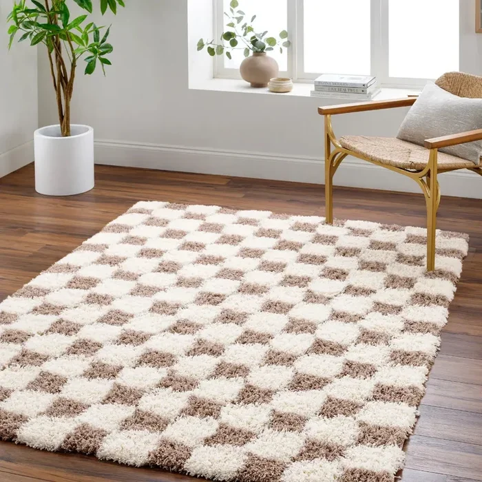 WILLA Shaggy Modern Plush Pile Brown Checkered Rug