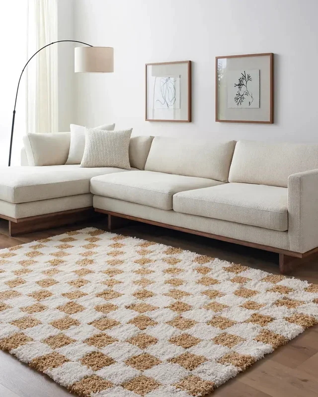 WILLA Shaggy Modern Plush Pile Mustard Checkered Rug