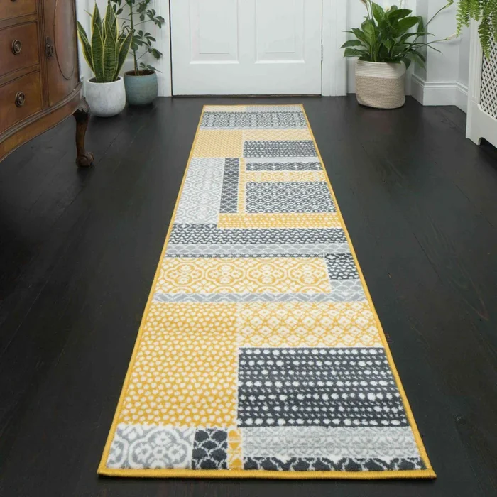 Yellow Grey Patchwork Hallway Runner Rug